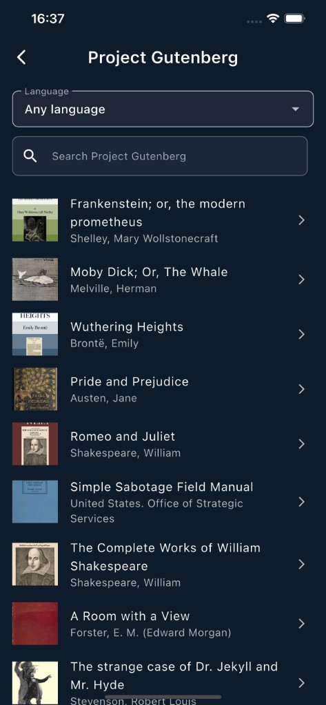 Blitzr — choose Open File or Browse Project Gutenberg