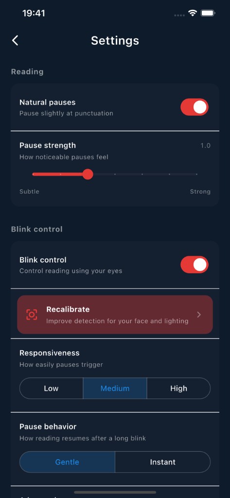 Blitzr — Settings with natural pauses, blink control, and recalibrate
